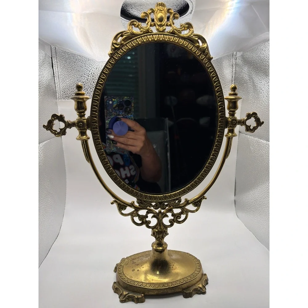 Vintage Brass Ornate Tabletop Vanity Mirror Swivel Oval Pedestal Victorian Style